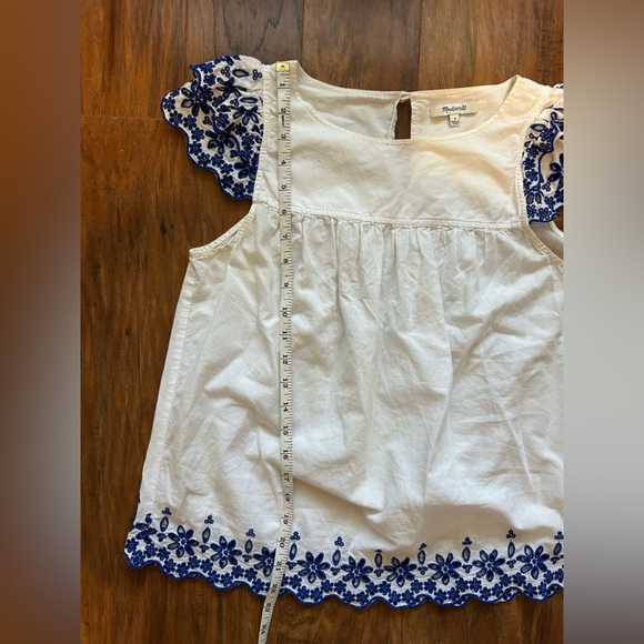 Madewell Women’s Size 4 White Shirt with Blue Embroidery on Sleeve Summer - Picture 7 of 11
